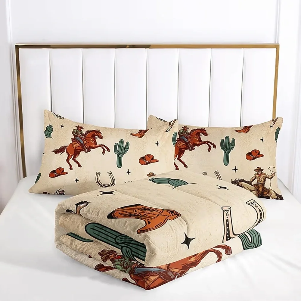 Western Cowboy Comforter Set Full Size, Rodeo Riding Bull With Cacti Set 3-Piece